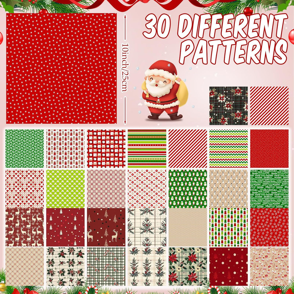 Tatuo 30 Pcs Christmas Cotton Fabric Squares 10 x 10 in Patchwork