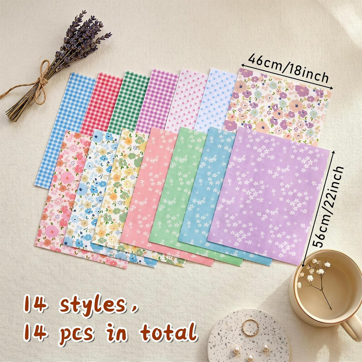 14 Pcs 18" x 22" Pure Cotton Floral Printed Sewing Fabric, Fat