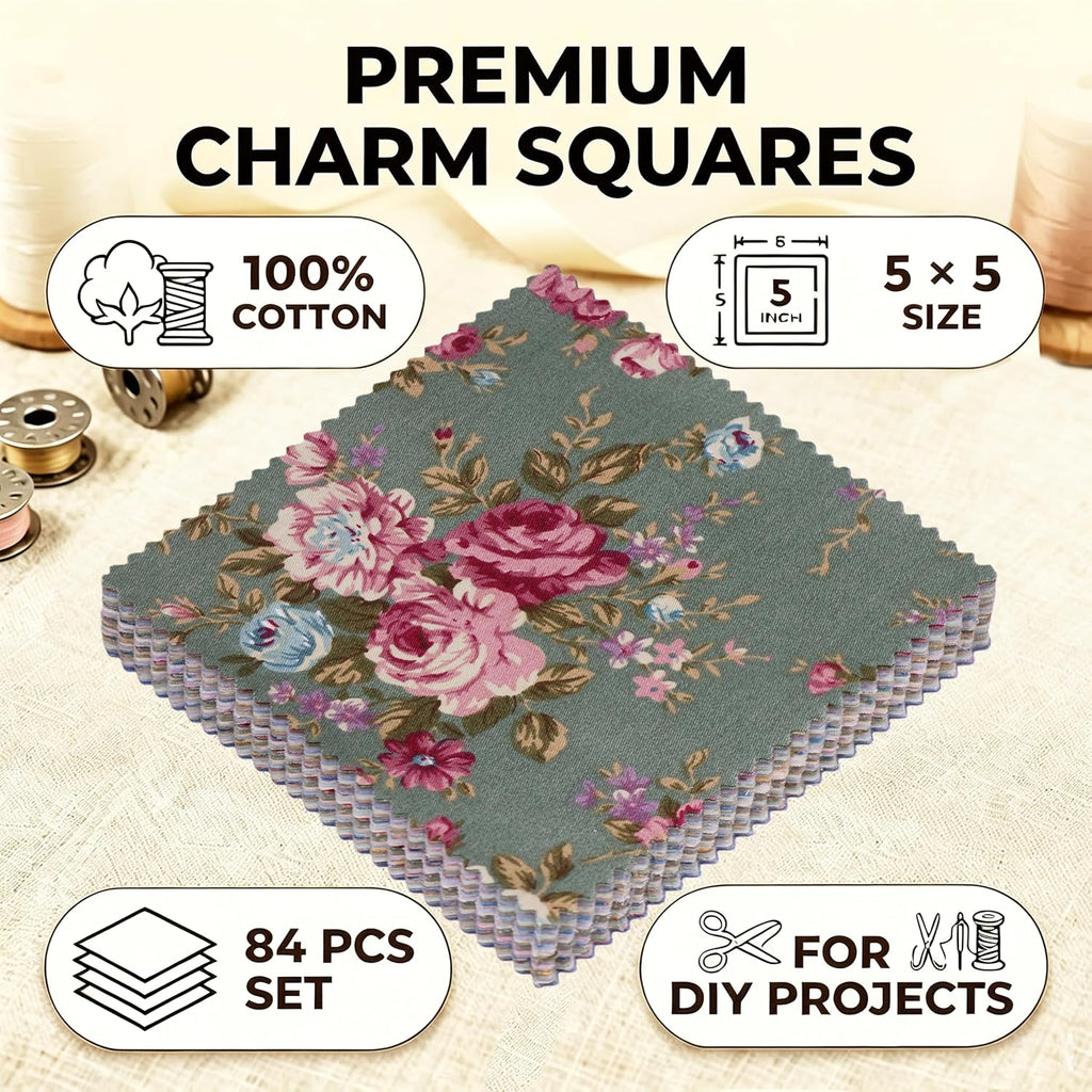 84Pcs 5x5 Fabric Squares for Quilting, Charm Packs for Quilting
