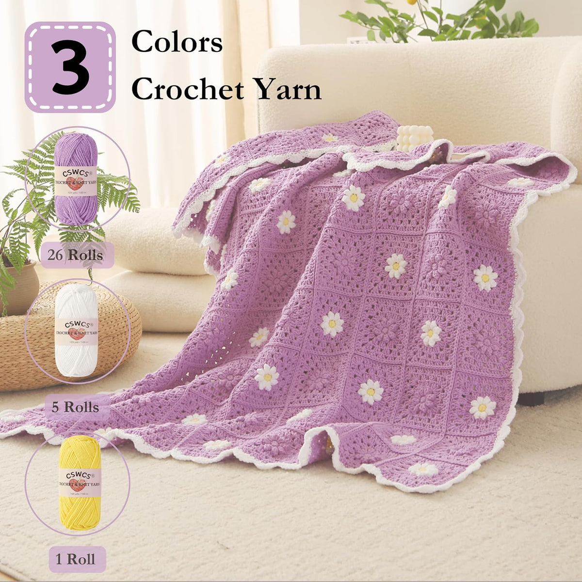CSWCS Crochet Blanket Kit for Beginner, Purple Daisy Granny Square