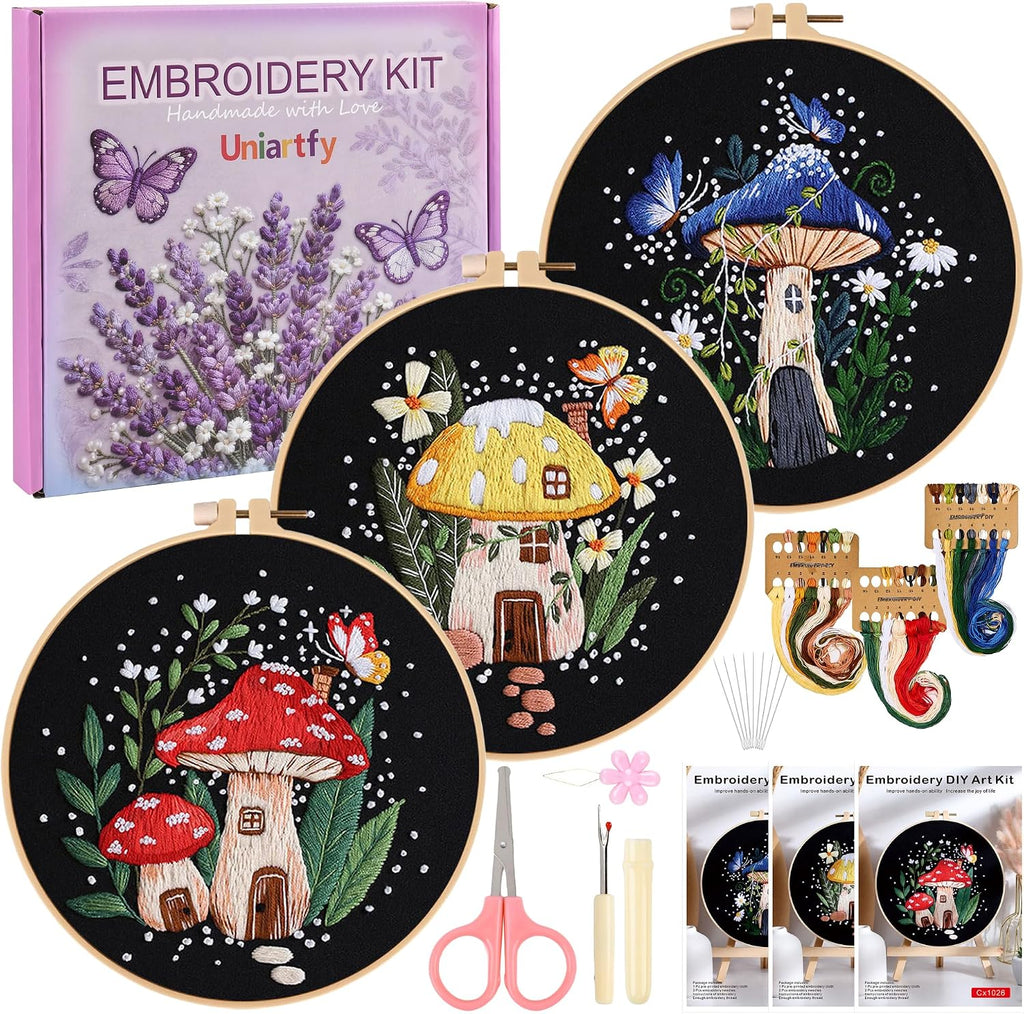 Uniartfy 3 Sets Embroidery Kit for Adults Beginners, Needlepoint Kits
