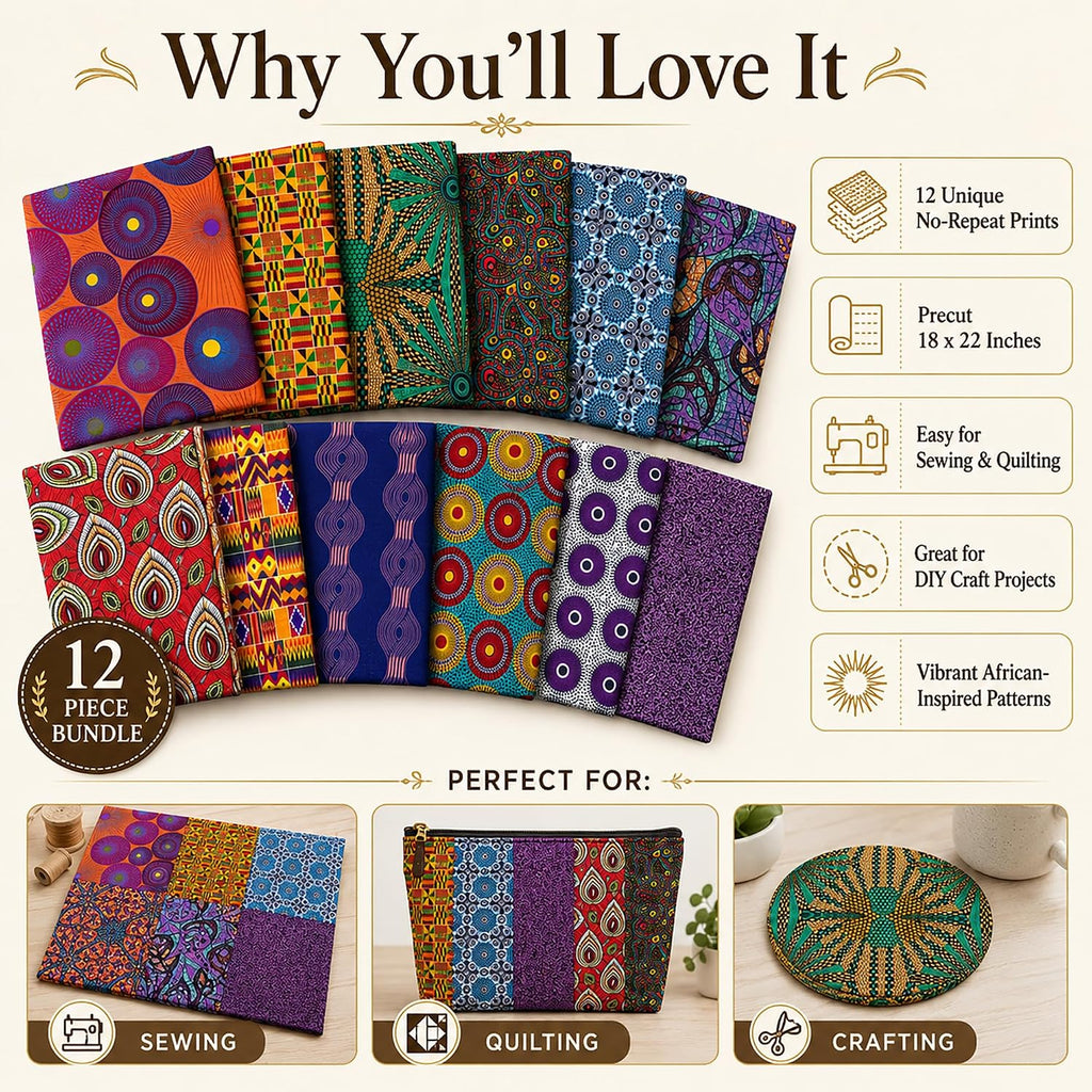 12 Pcs African Print Cotton Fat Quarter Bundle, 18 x 22 Inch No Repeat