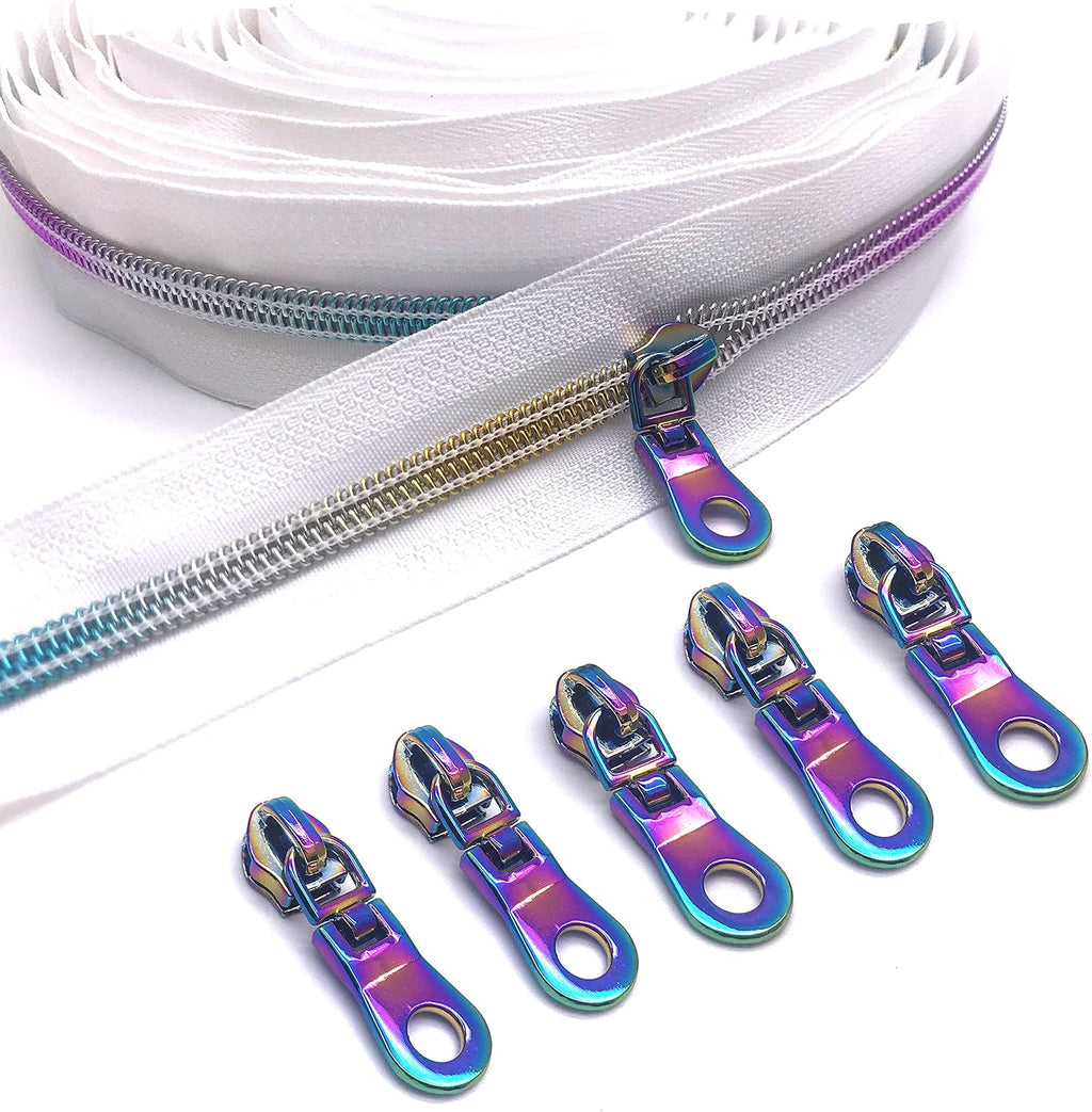 Hywei #5 Nylon Zipper Tape White 10 Yards Rainbow Teeth & 15pcs Zipper