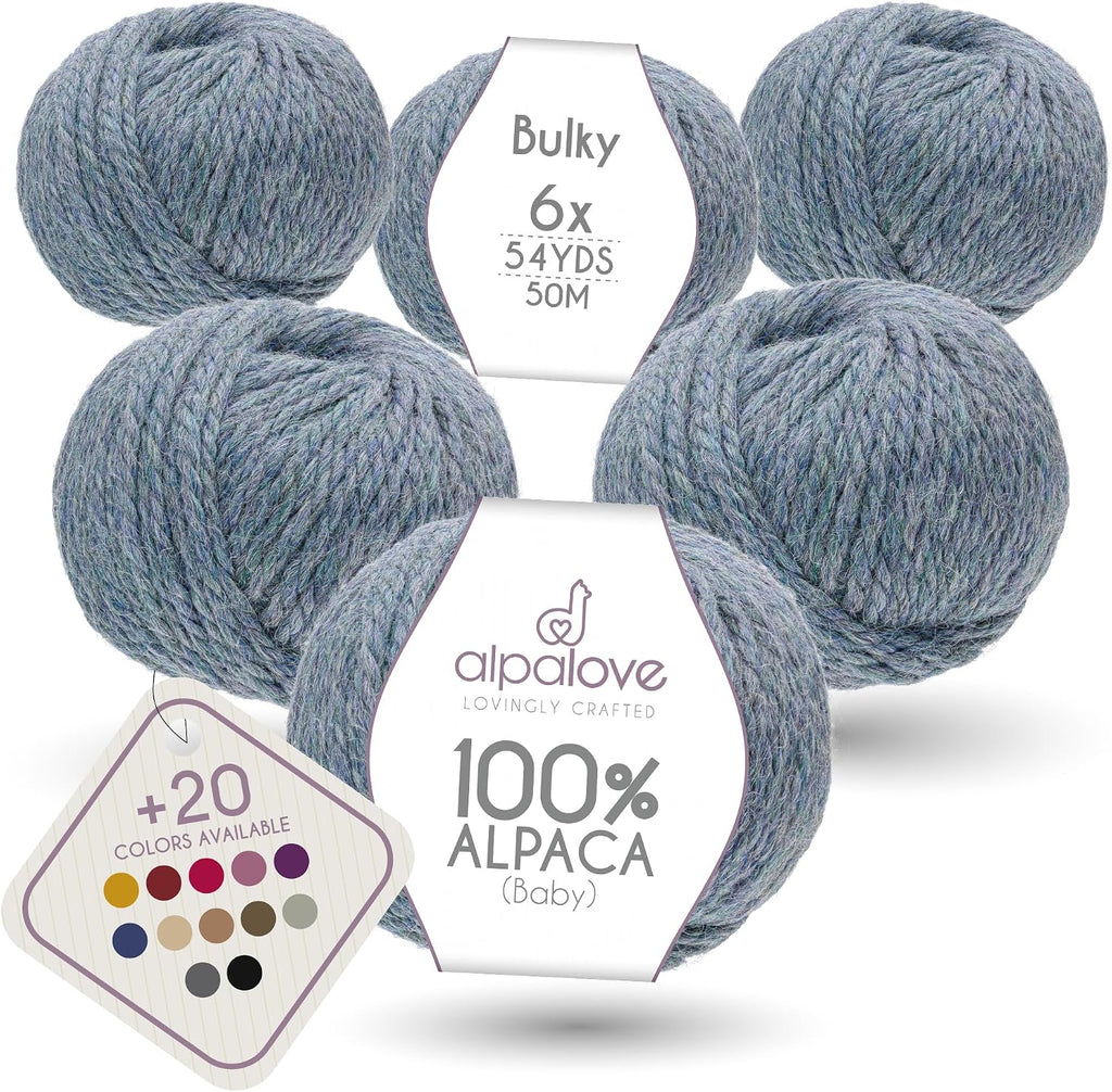 Bulky Alpaca Yarn Set, Soft 100% Baby Alpaca, 6 Skeins, 328 Yards