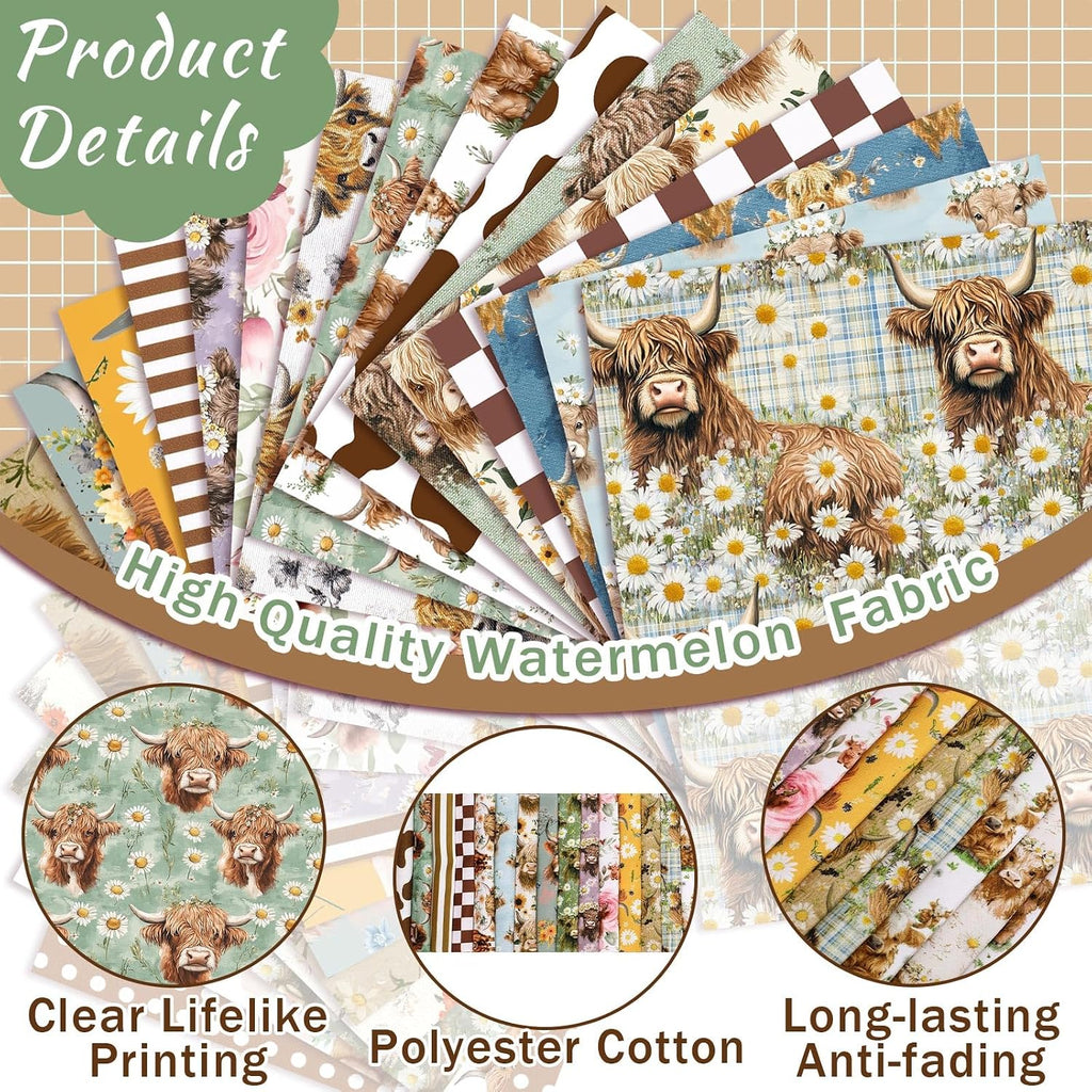 Ganeen 60 Pcs 10 x 10 Inch Vintage Highland Cow Quilting Fabric