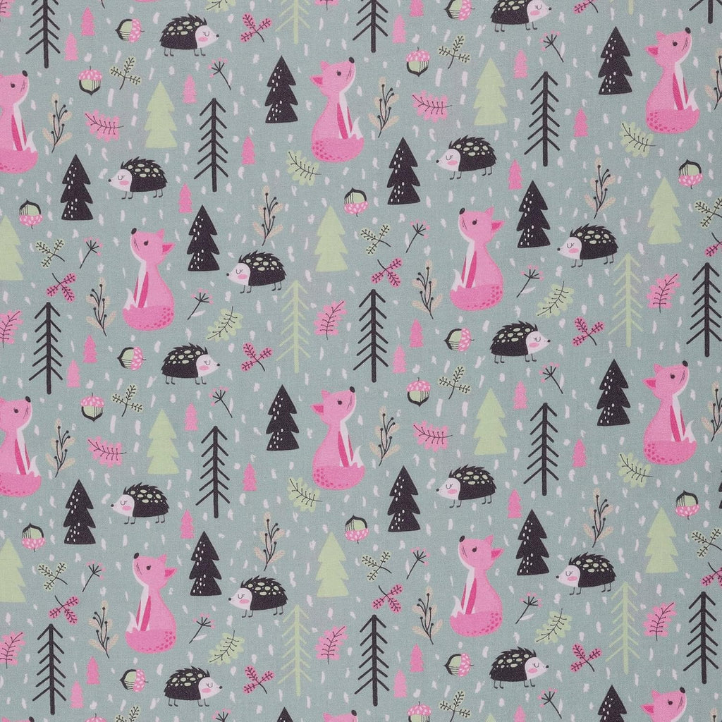 Mook Fabrics Woodland Creatures Cotton Fabric, Pink/Green Cut by The
