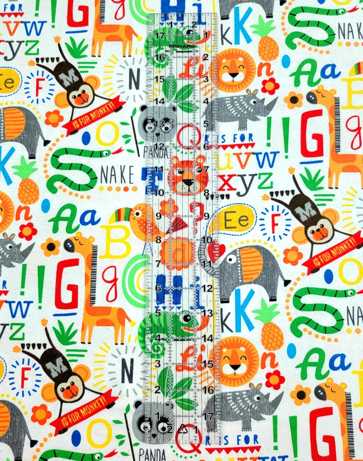 Alphabet and Safari Animals on White Comfy Cotton Flannel Fabric by