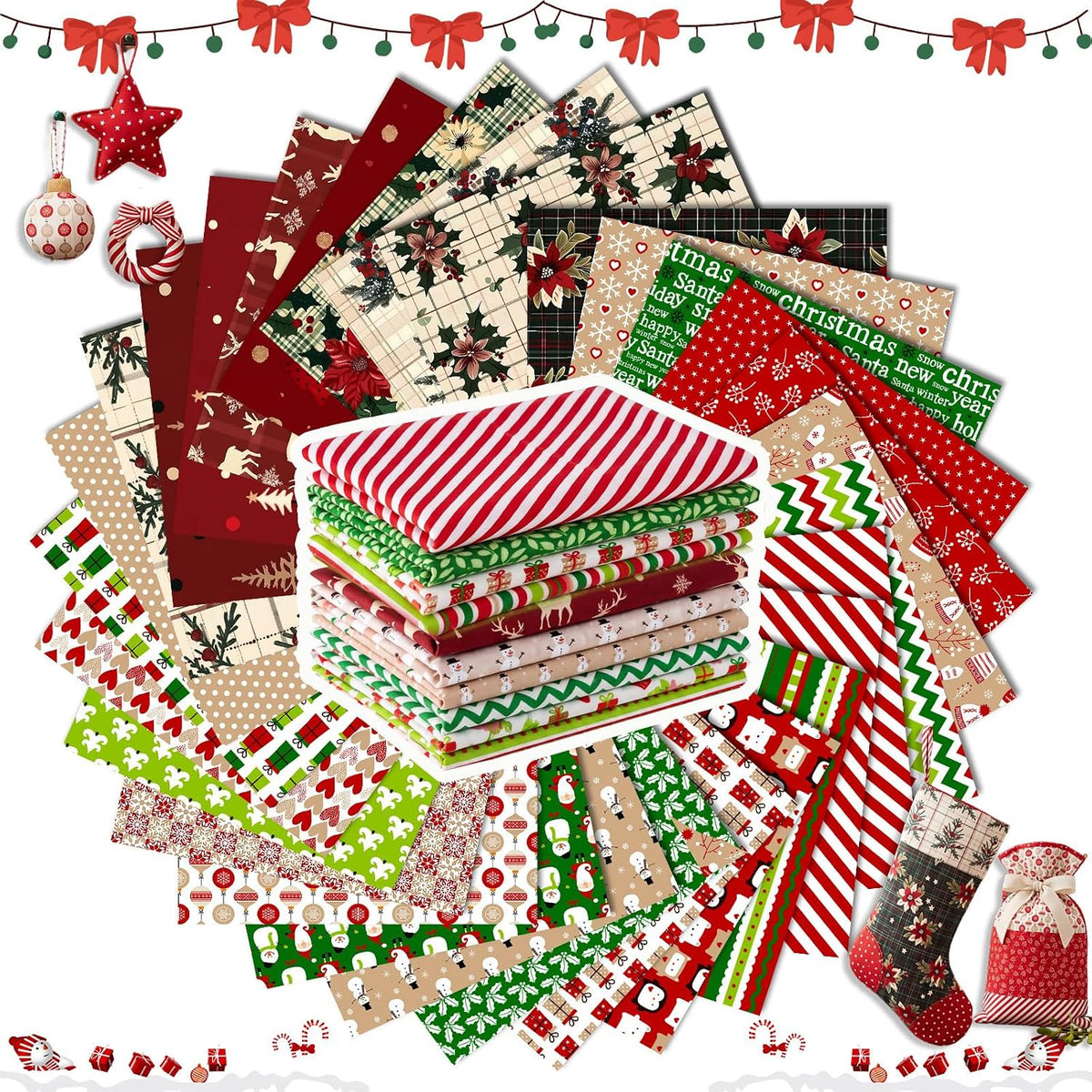 Tatuo 30 Pcs Christmas Cotton Fabric Squares 10 x 10 in Patchwork