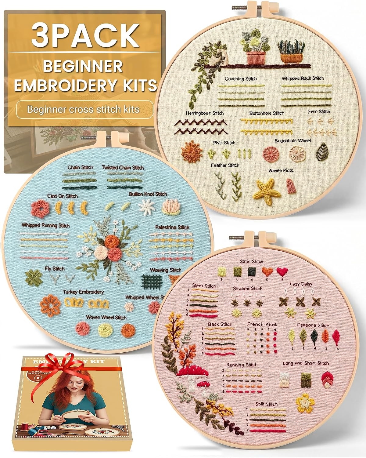 Beginner Embroidery Kit for Adults, 3 Pack Patterns with Video Guide