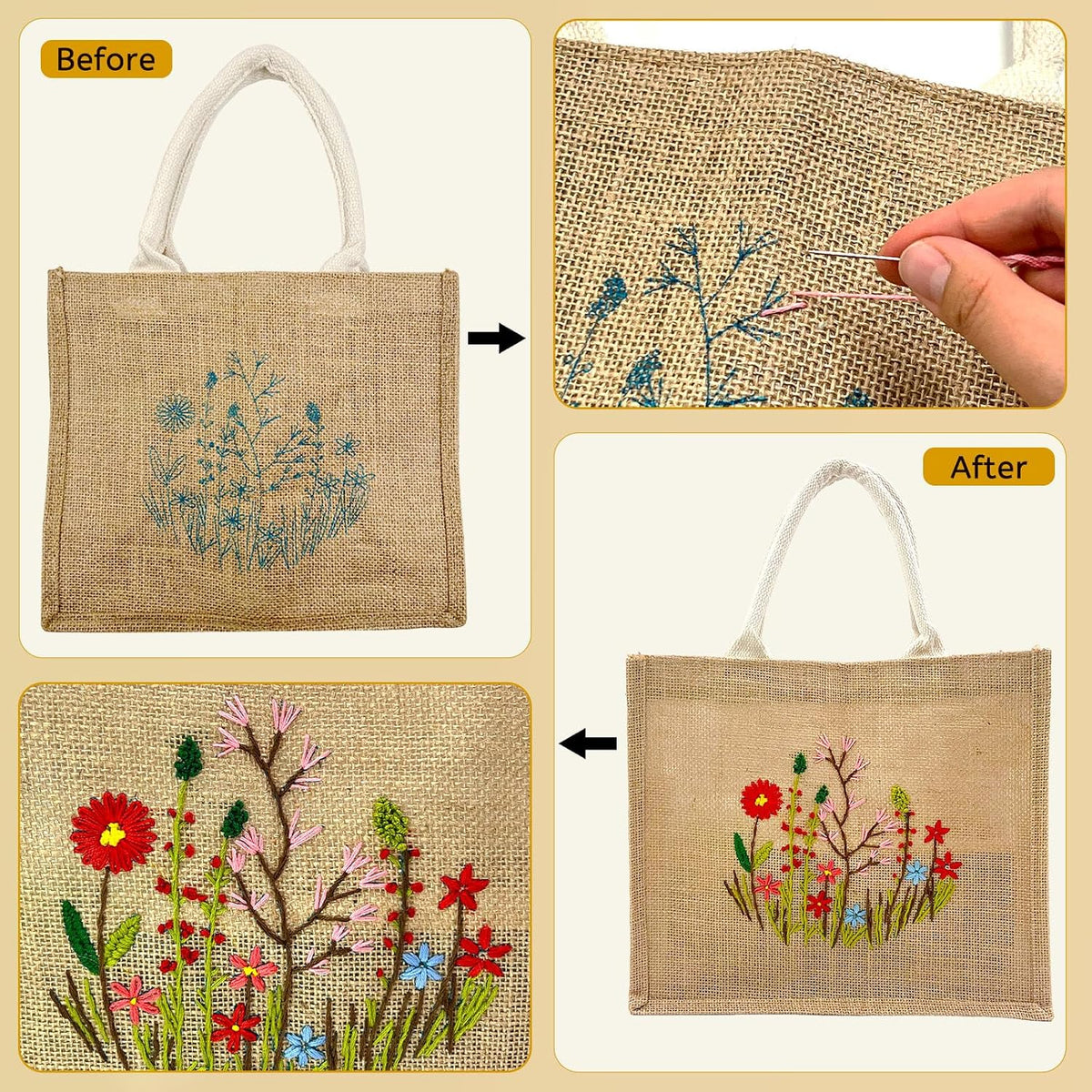 SNAIL GARDEN Linen Tote Bag DIY Embroidery Kit for Beginners with