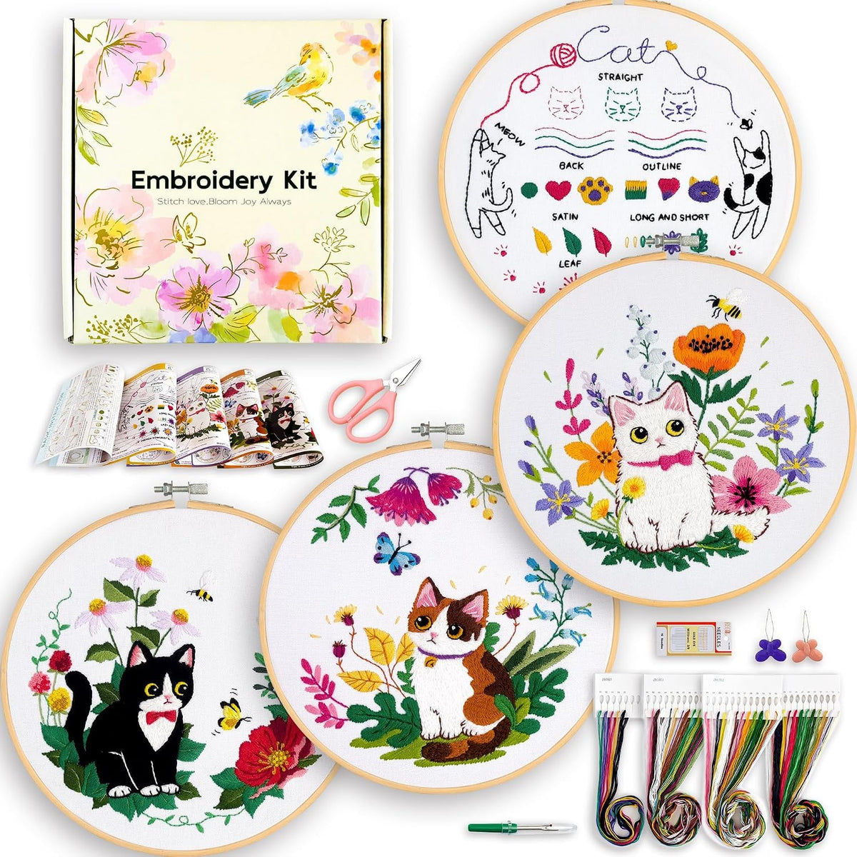 4-Piece Cat Embroidery Kit for Beginners, Needle Point Kit Adults