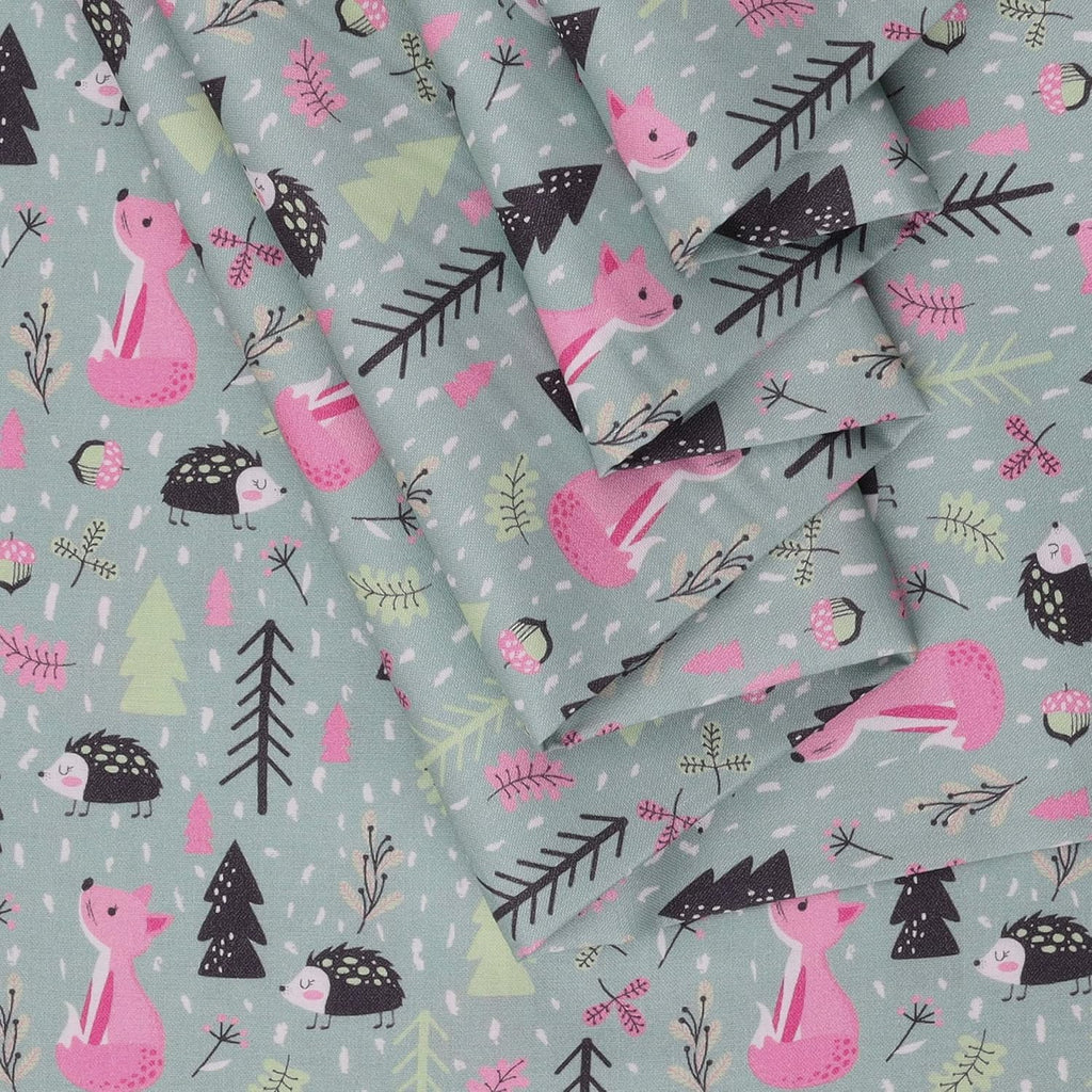 Mook Fabrics Woodland Creatures Cotton Fabric, Pink/Green Cut by The