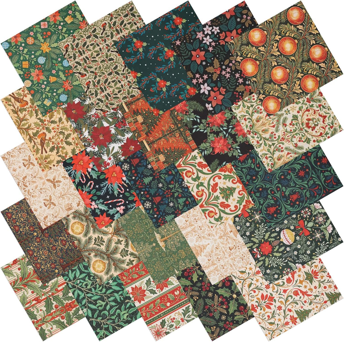 25 Pcs Christmas Cotton Fabric Squares, Christmas Morris Flowers Style