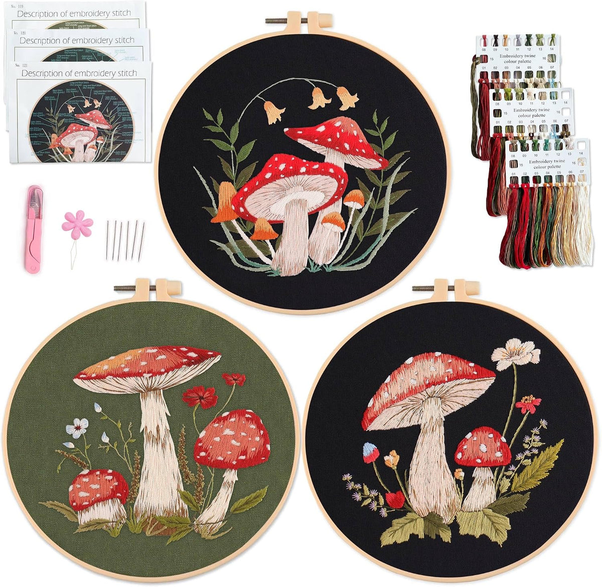 Myfelicity 3 Sets Mushroom Embroidery kit, Adult Beginner DIY Needle