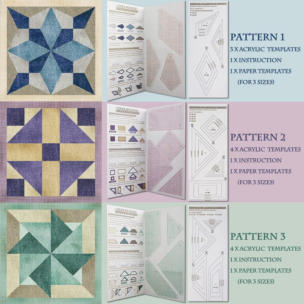 11Pcs Acrylic Quilting Template Ruler and Epp Paper Pieces Set