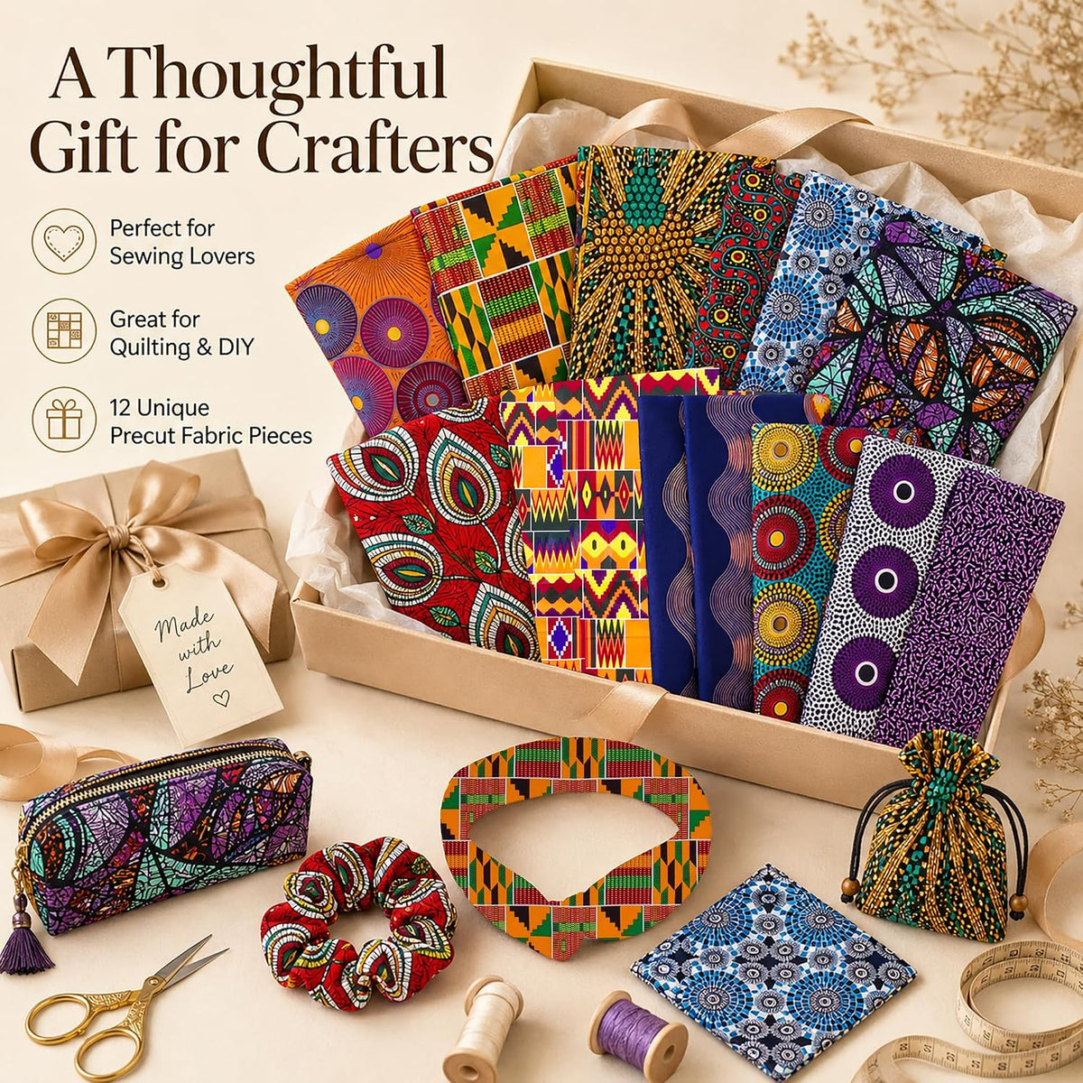 12 Pcs African Print Cotton Fat Quarter Bundle, 18 x 22 Inch No Repeat