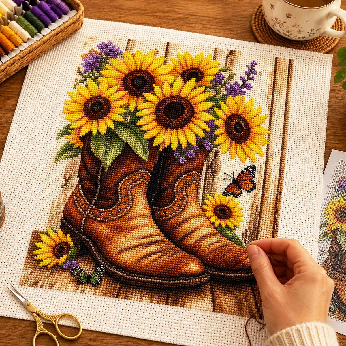 Zhenqing Sunflower Cowboy Boots Stamped Cross Stitch Kit for