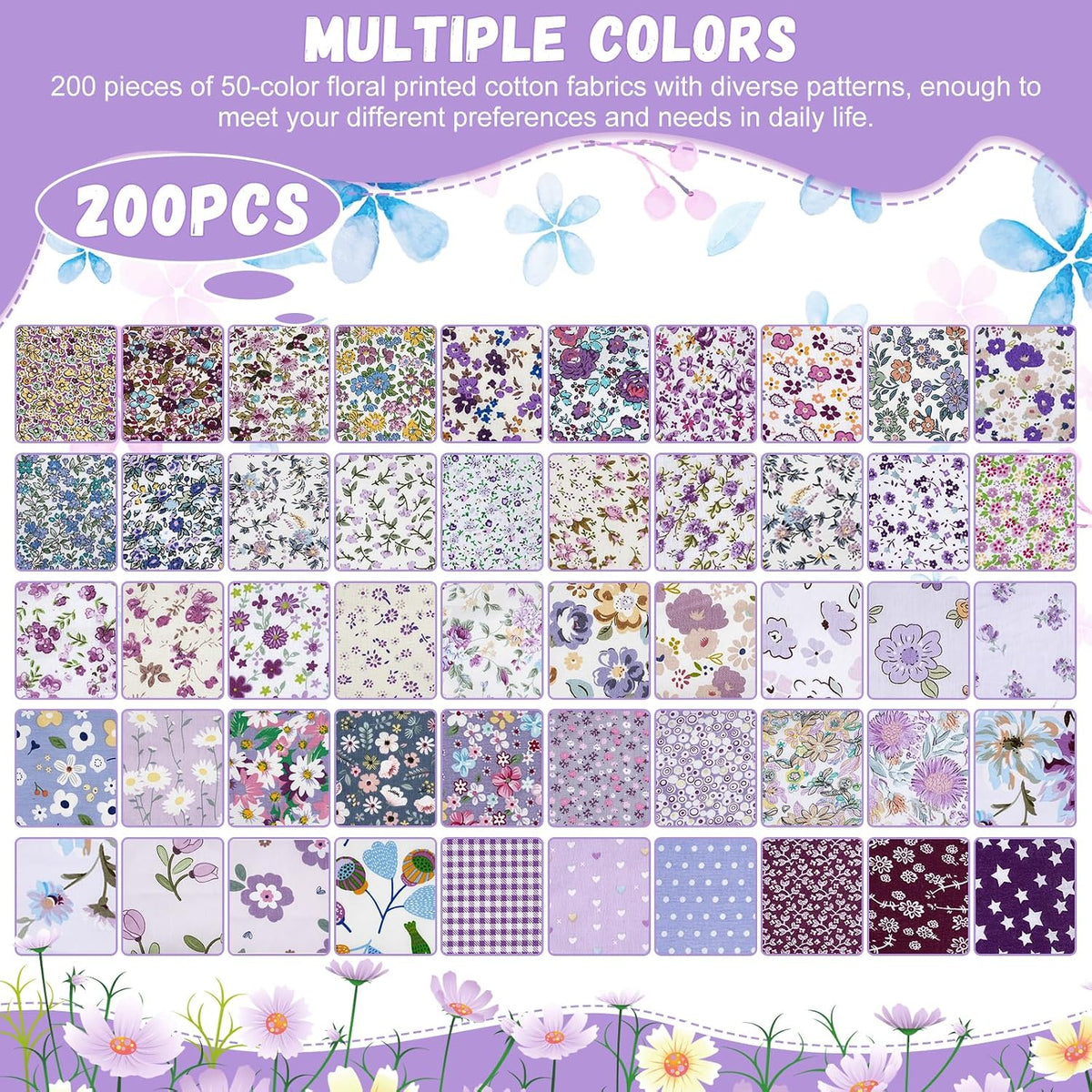 200Pcs Quilting Fabric Squares 5 x 5 Inch (13 x 13cm) Fat Quarters