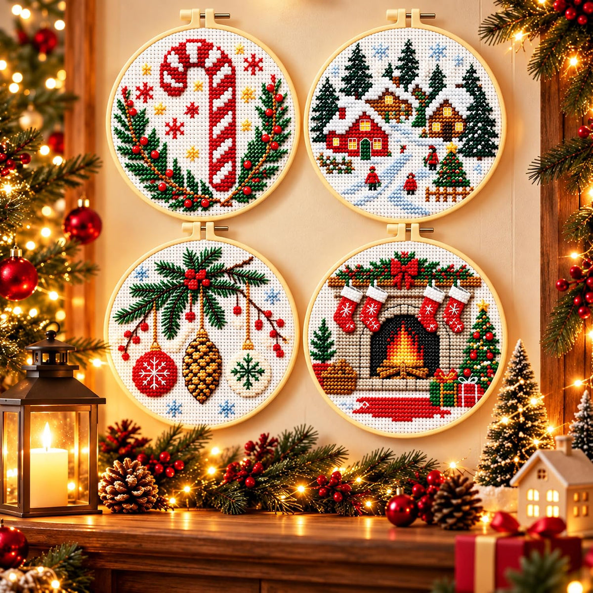 Zhenqing 11CT Stamped Cross Stitch Kit for Adults - 4-Piece Christmas