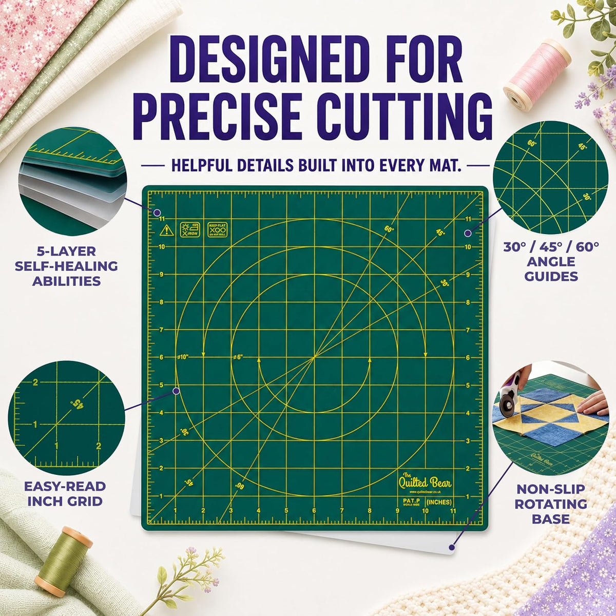 The Quilted Bear Rotating Cutting Mat 18" x 18" - Square 360° Rotating