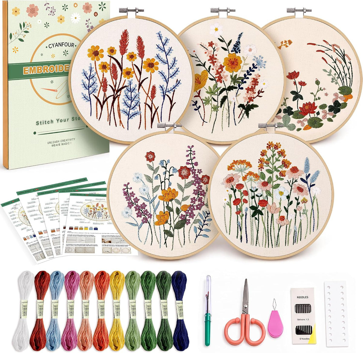 CYANFOUR 5 Pack Beginner Embroidery Kit for Adults with Video &