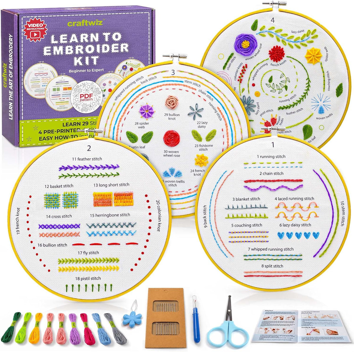 Craftwiz 4-Piece Starter Embroidery Kit for Beginners and Expert with