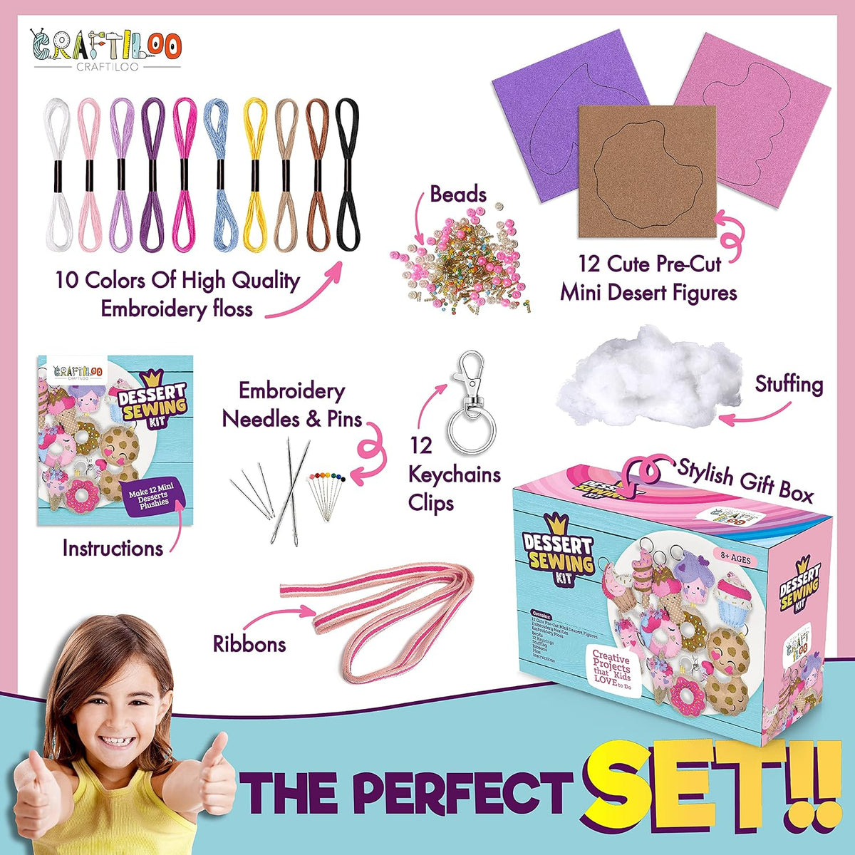 Dessert Sewing Kit for Kids Ages 8-12 - 12 Pre-Cut Felt Plush Treats