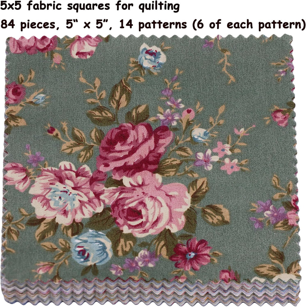 84Pcs 5x5 Fabric Squares for Quilting, Charm Packs for Quilting