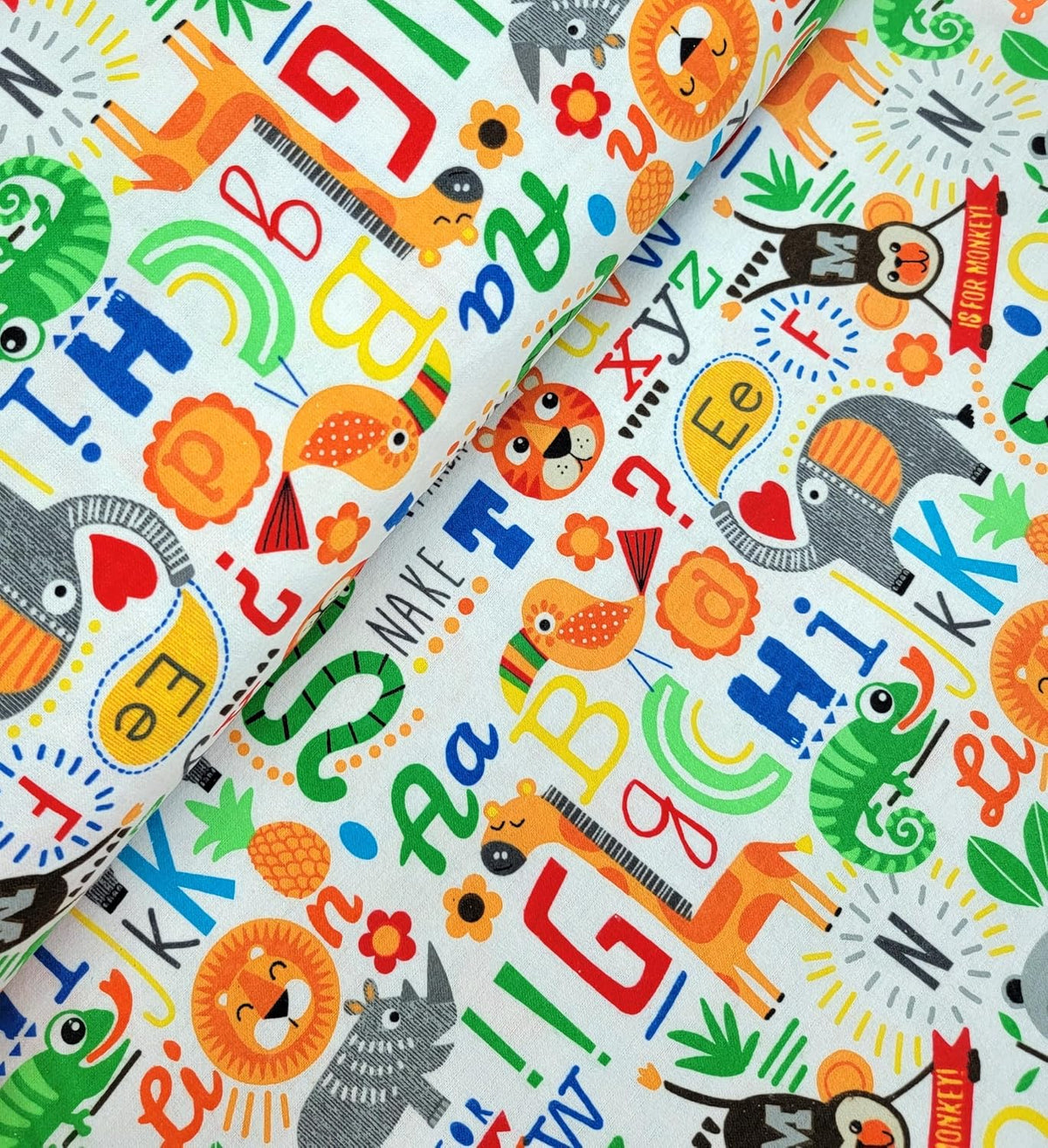 Alphabet and Safari Animals on White Comfy Cotton Flannel Fabric by