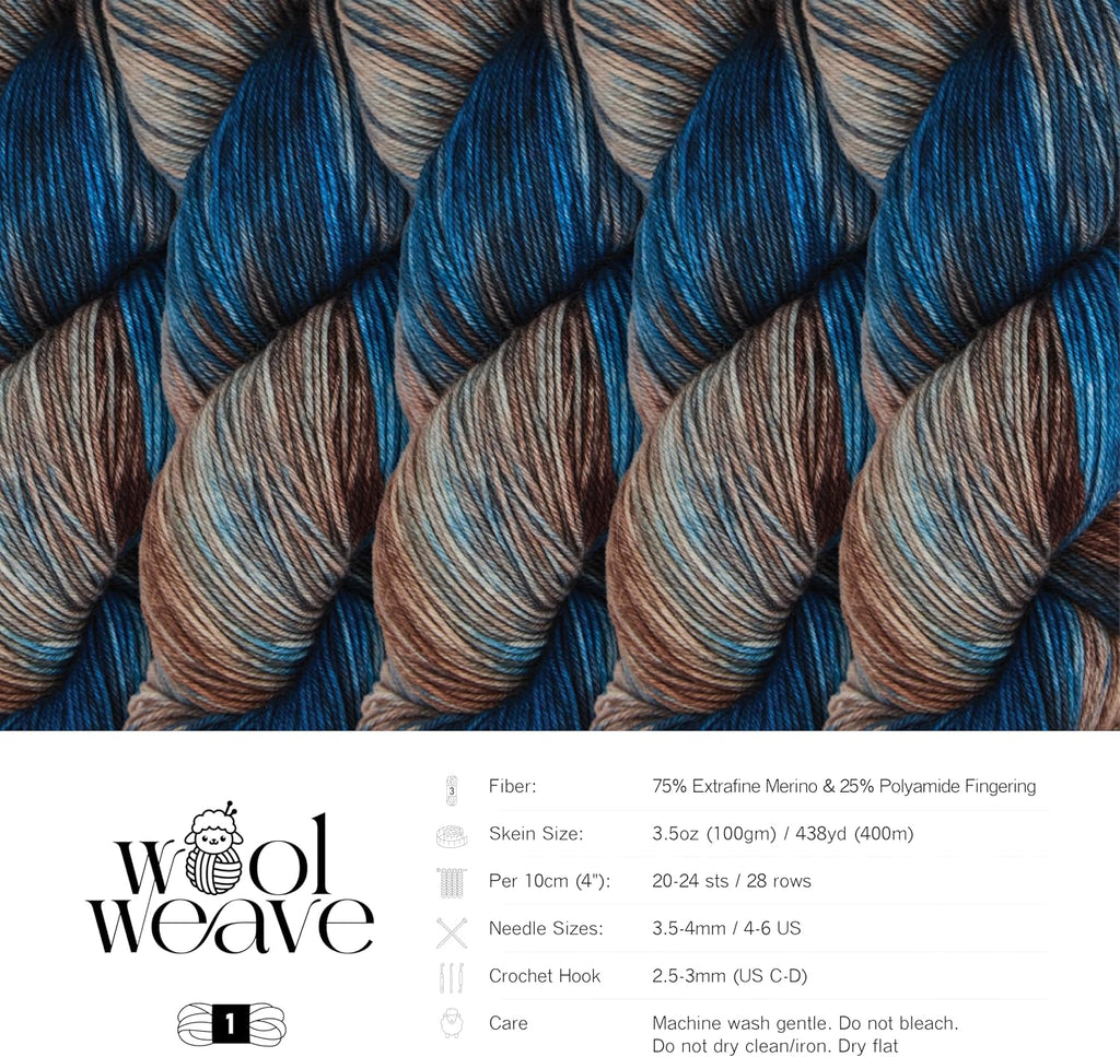 Woolweave Fingering Weight Yarn - Hand Dyed Variegated Sock Yarn, 75%