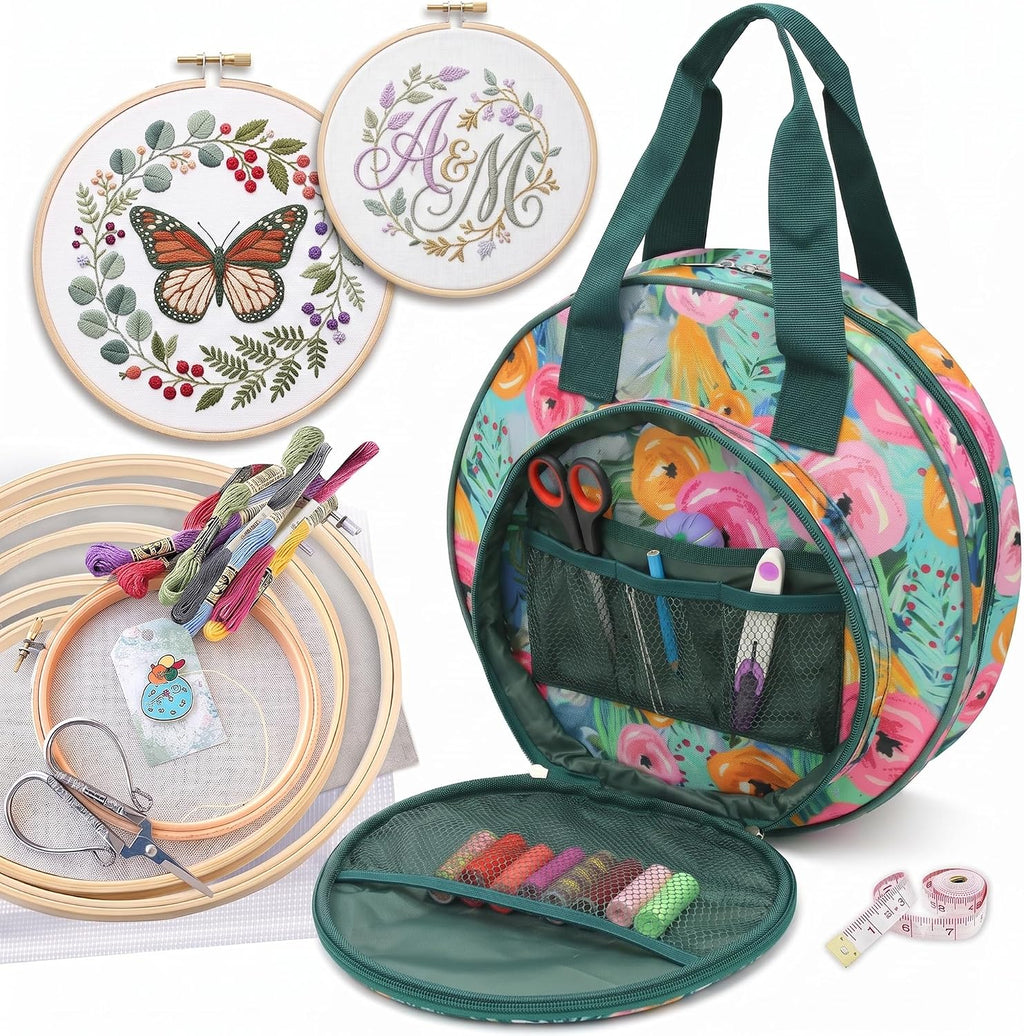 Round Embroidery Project Bag, Tote for Hoops, Floss&Sewing Supplies