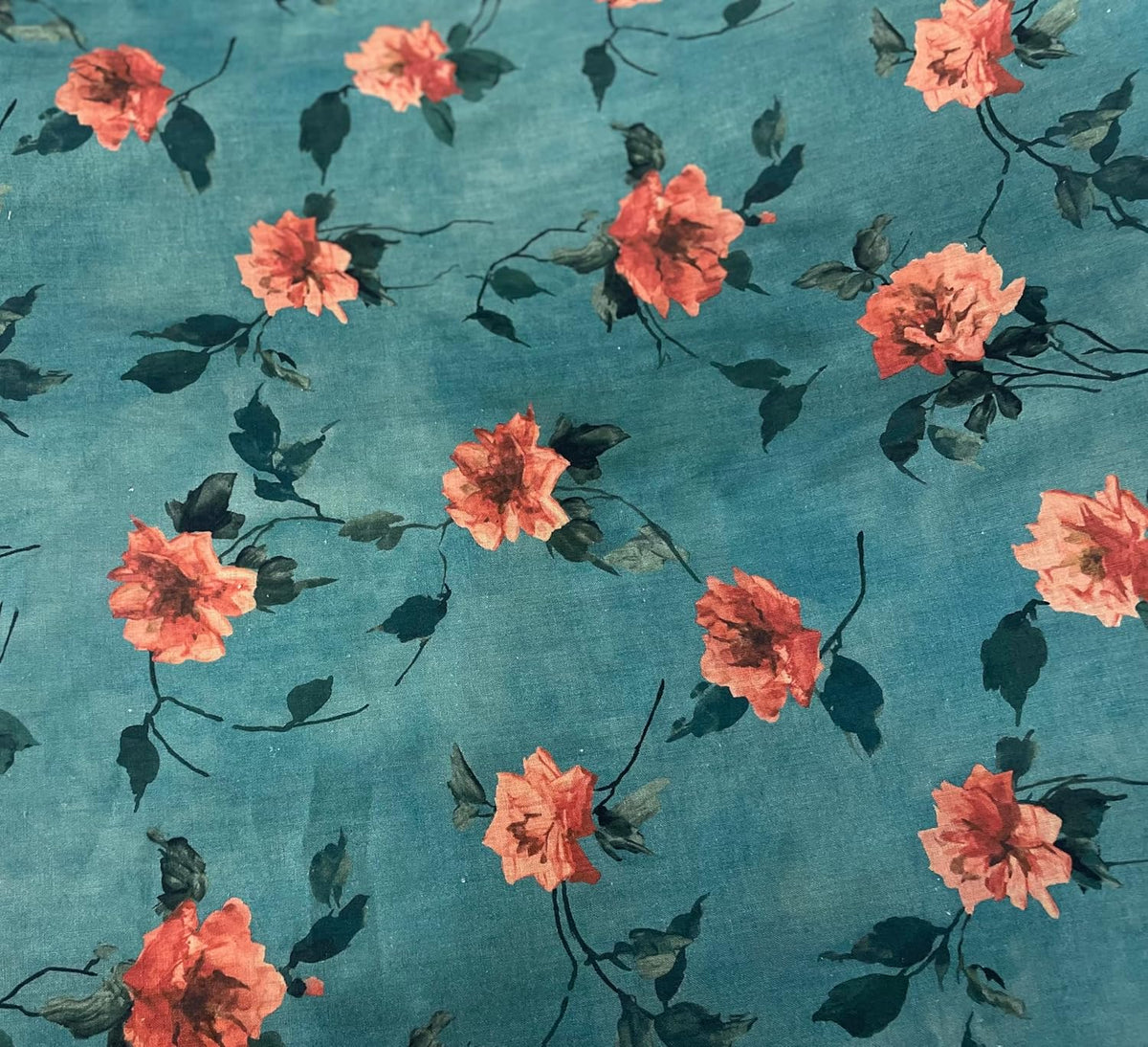 Floral Printed Linen - Teal & Pink - Fabric by The Yard