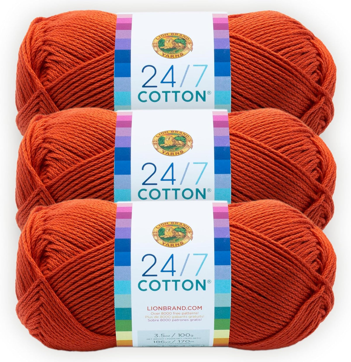 Lion Brand Yarn, 24/7 Cotton Yarn, Tangerine, Orange, 3 Pack