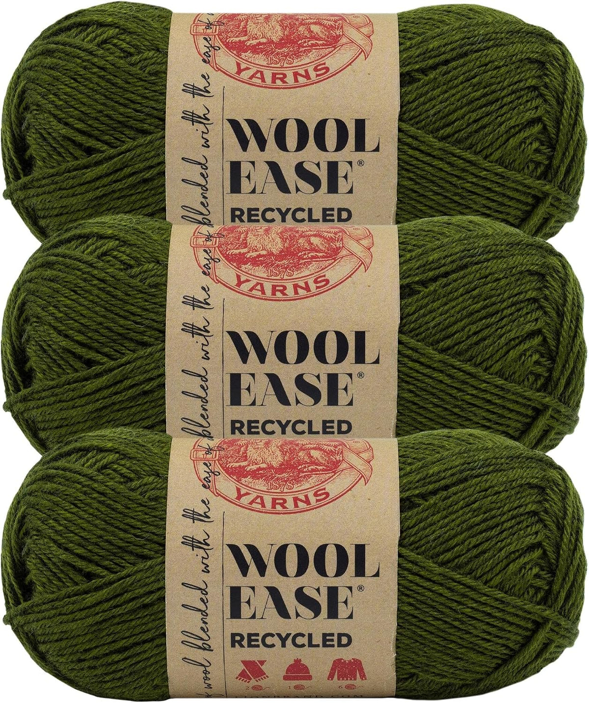 Lion Brand Yarn, Wool-Ease Recycled Crochet Yarn, Olive, Green, 3 Pack