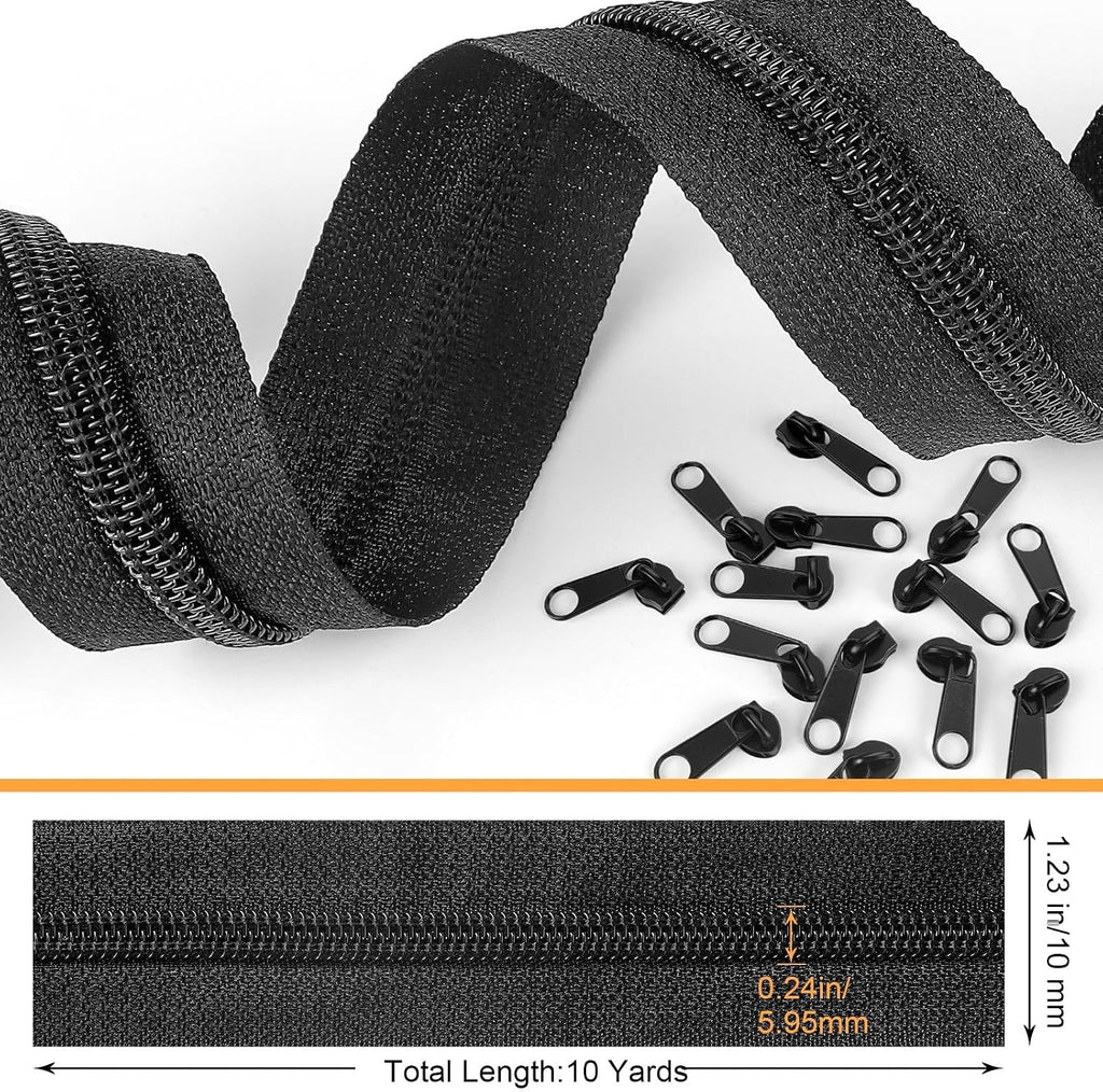 10 Yards Bulk Zippers, #5 Black Nylon Coil Zippers by The Yard