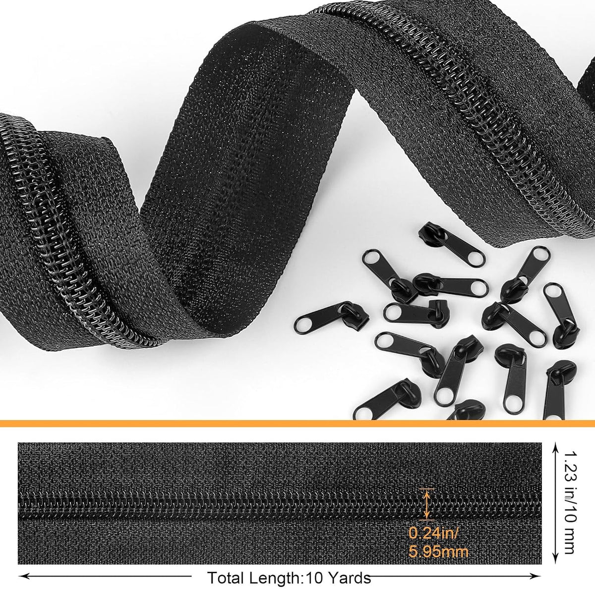 10 Yards Bulk Zippers, #5 Black Nylon Coil Zippers by The Yard