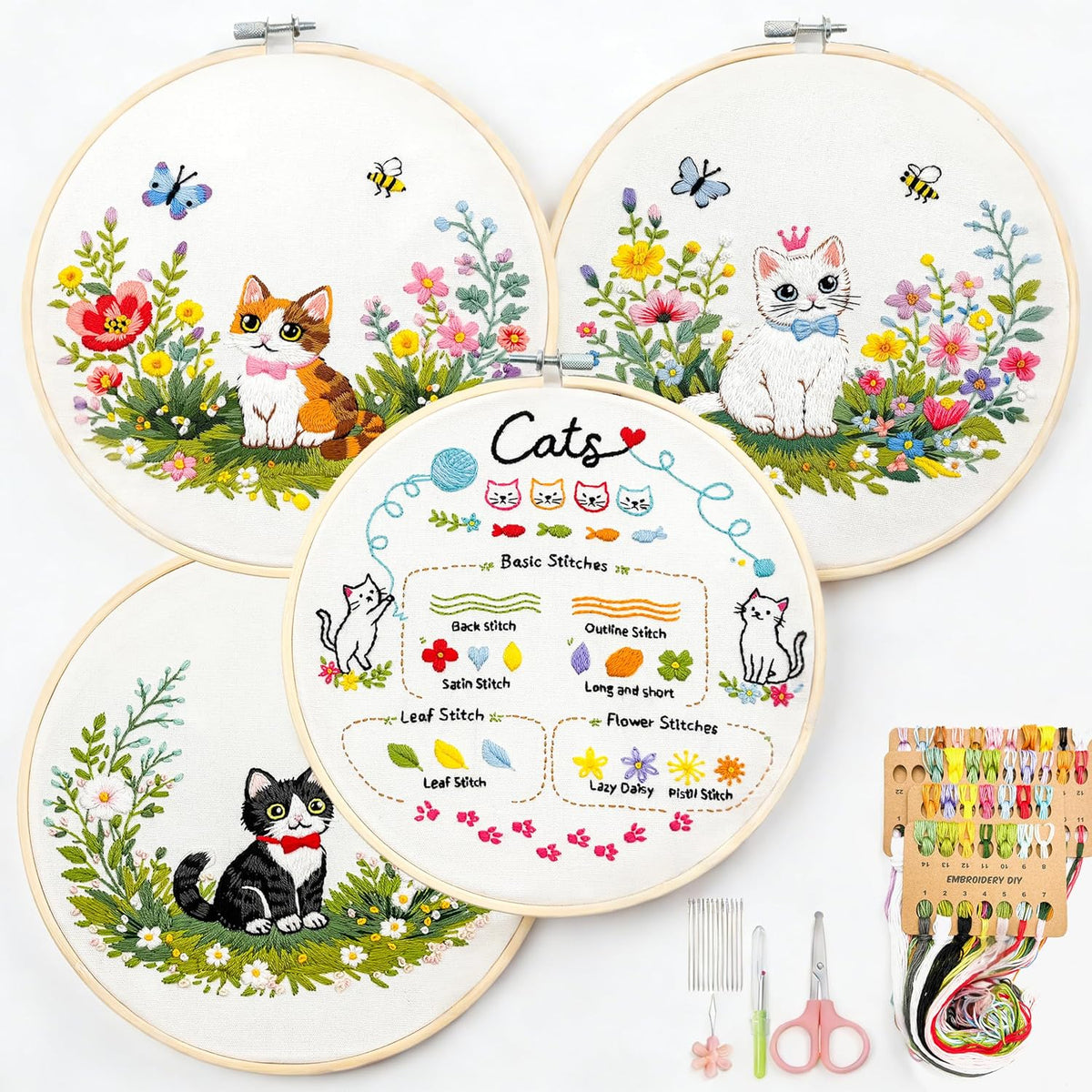 Peonfly Cat Embroidery Kit for Beginners, 4 Pack Stamped Embroidery