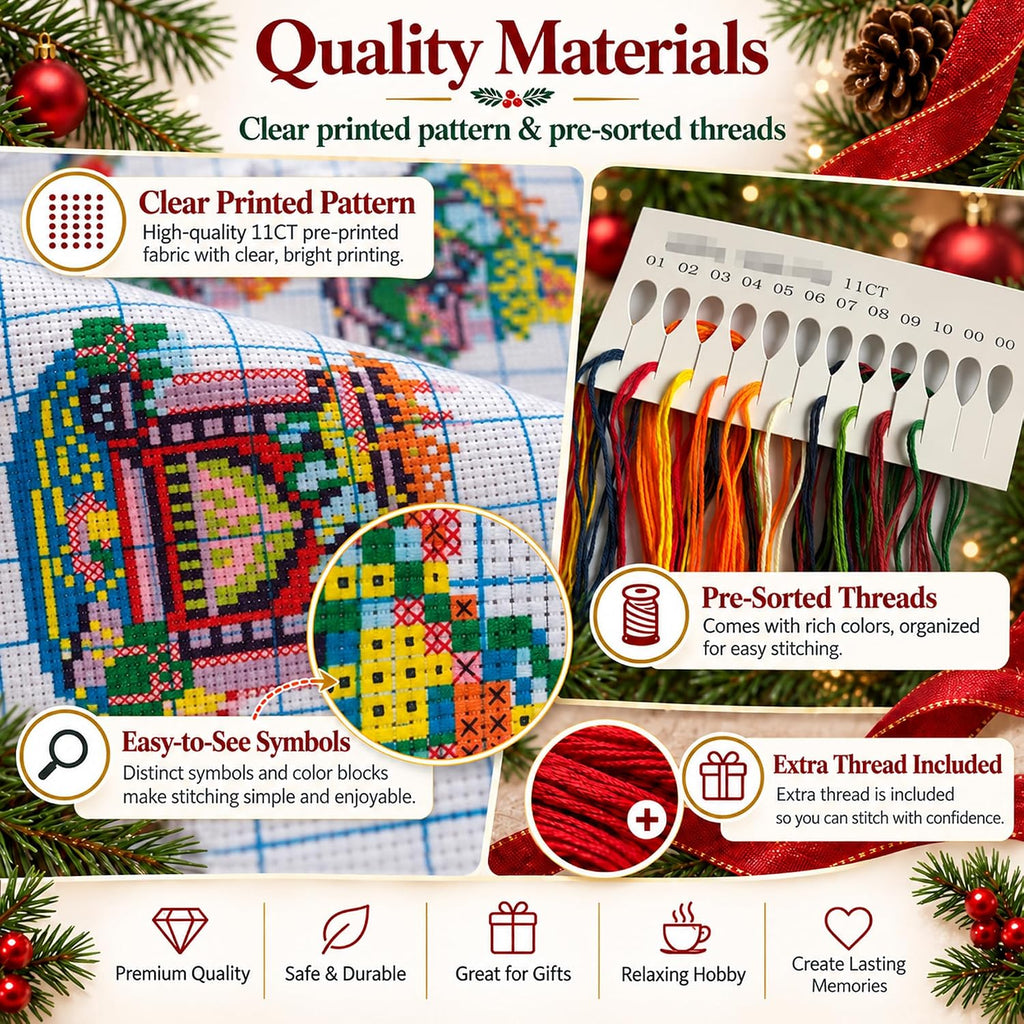 Zhenqing 11CT Stamped Cross Stitch Kit for Adults - 4-Piece Christmas