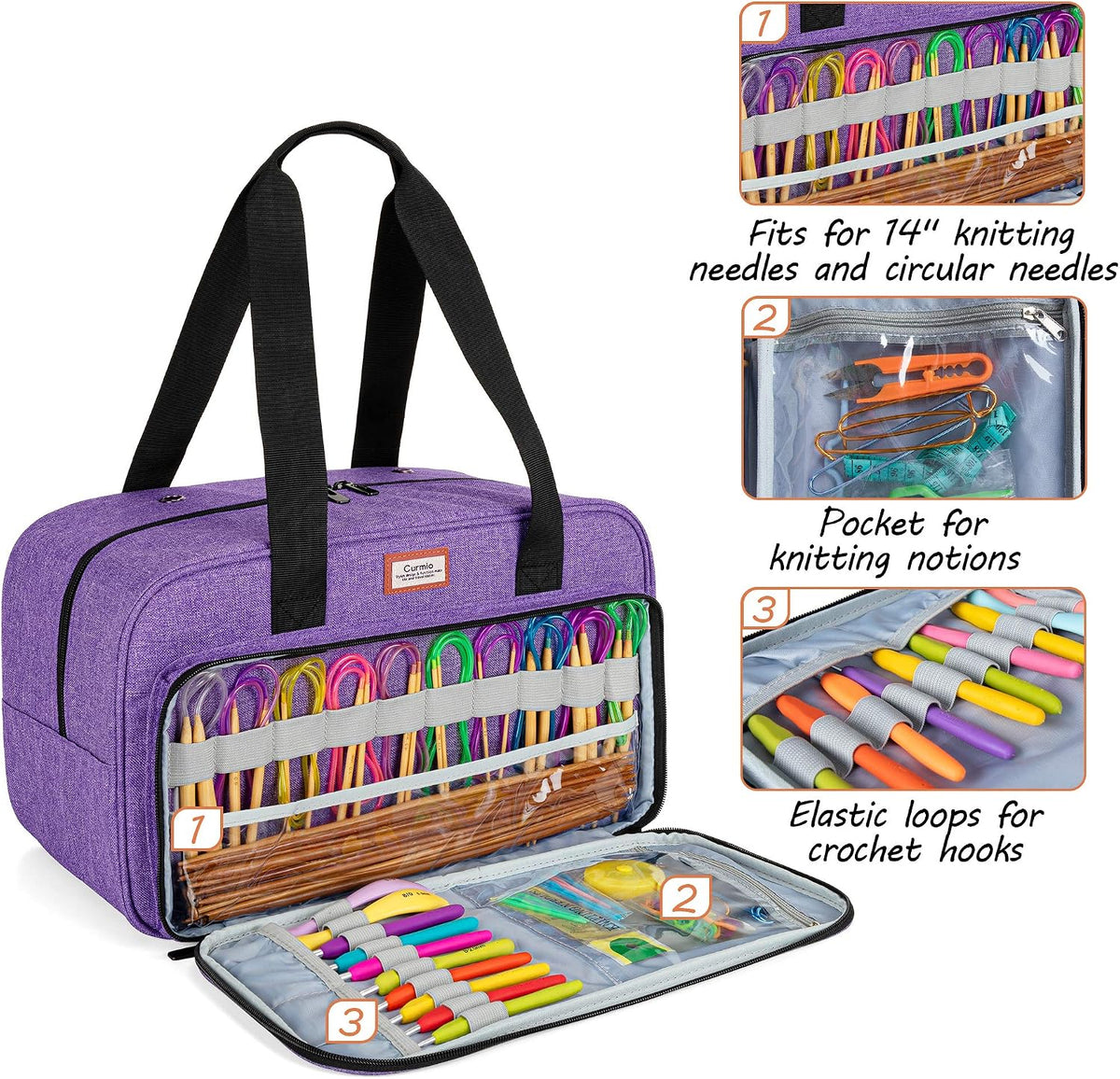 Yarn Storage Bag for Crochet Hooks, Knitting Project, Purple