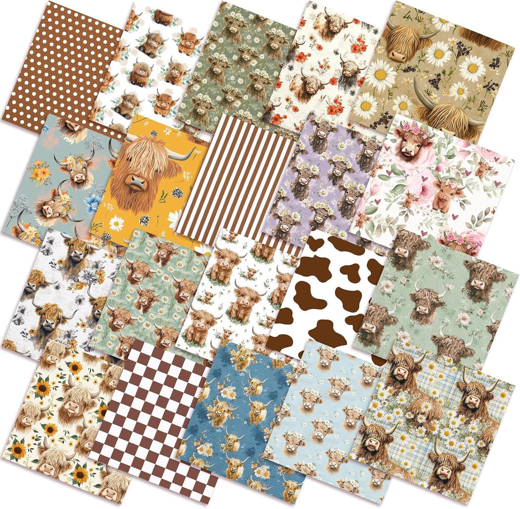 Ganeen 60 Pcs 10 x 10 Inch Vintage Highland Cow Quilting Fabric