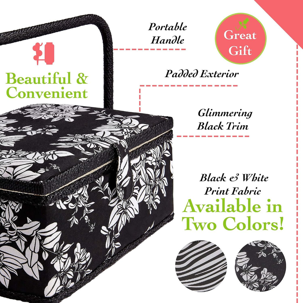 Sewing Basket with Floral Print Design - Sewing Kit Storage Box with