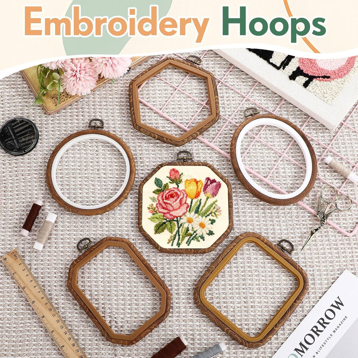 Qunclay 6 Pcs Large Embroidery Hoop Frame Decorative Imitated Wood
