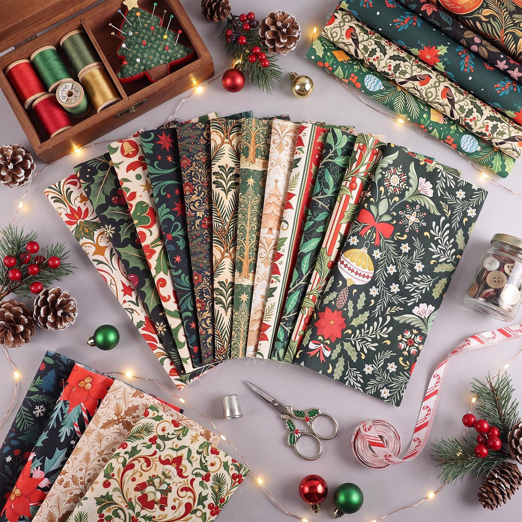 25 Pcs Christmas Cotton Fabric Squares, Christmas Morris Flowers Style