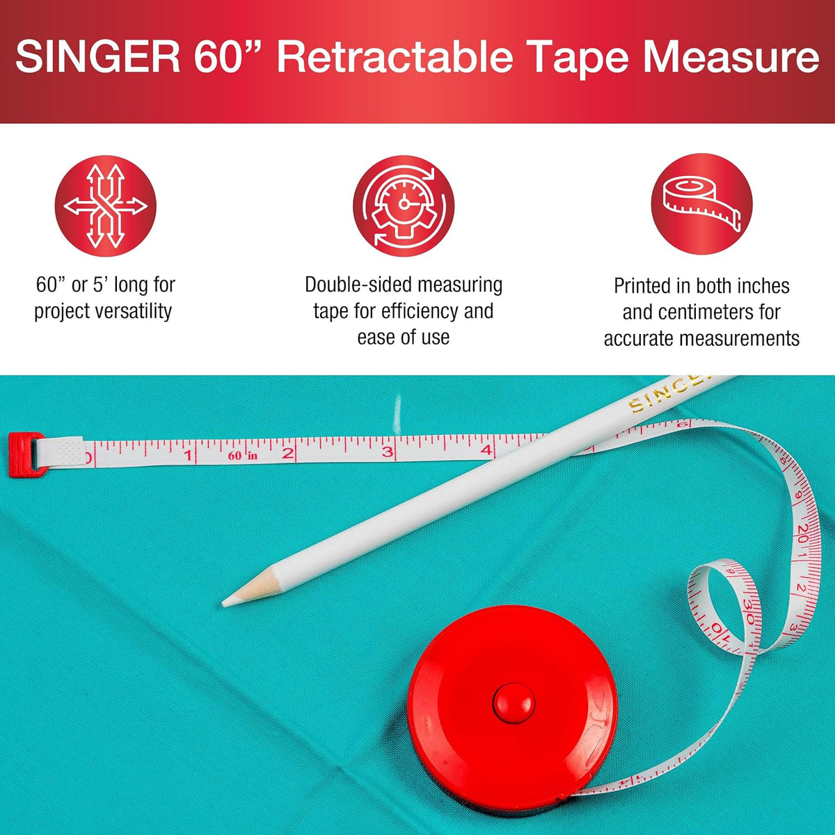 SINGER 60-Inch Retractable Tape Measure for Sewing, Tailoring, Body