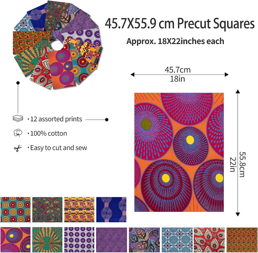 12 Pcs African Print Cotton Fat Quarter Bundle, 18 x 22 Inch No Repeat