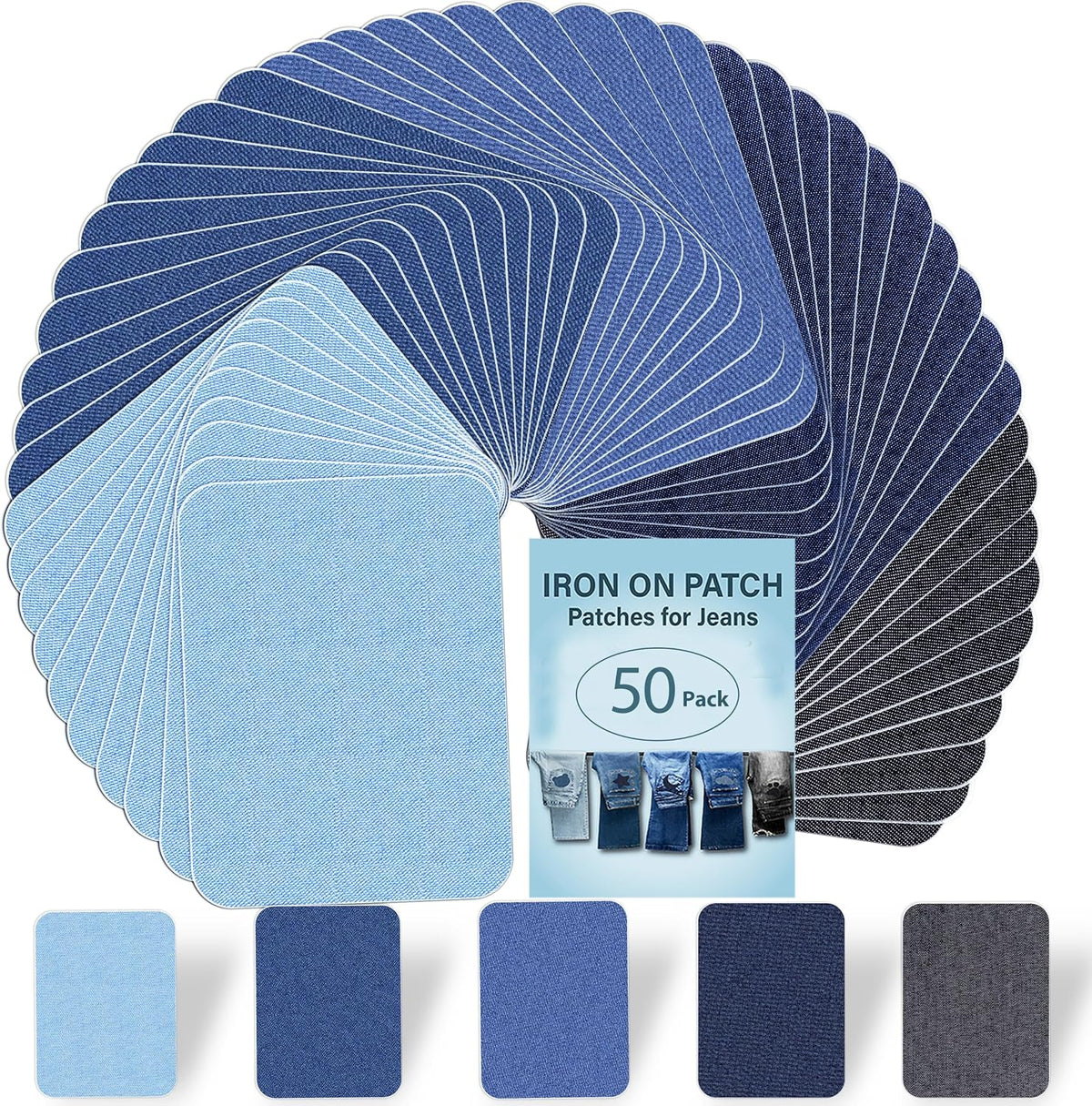 50 PCS 5 Colors Iron on Denim Patches for Inside Jeans,3.8" by 5" Iron