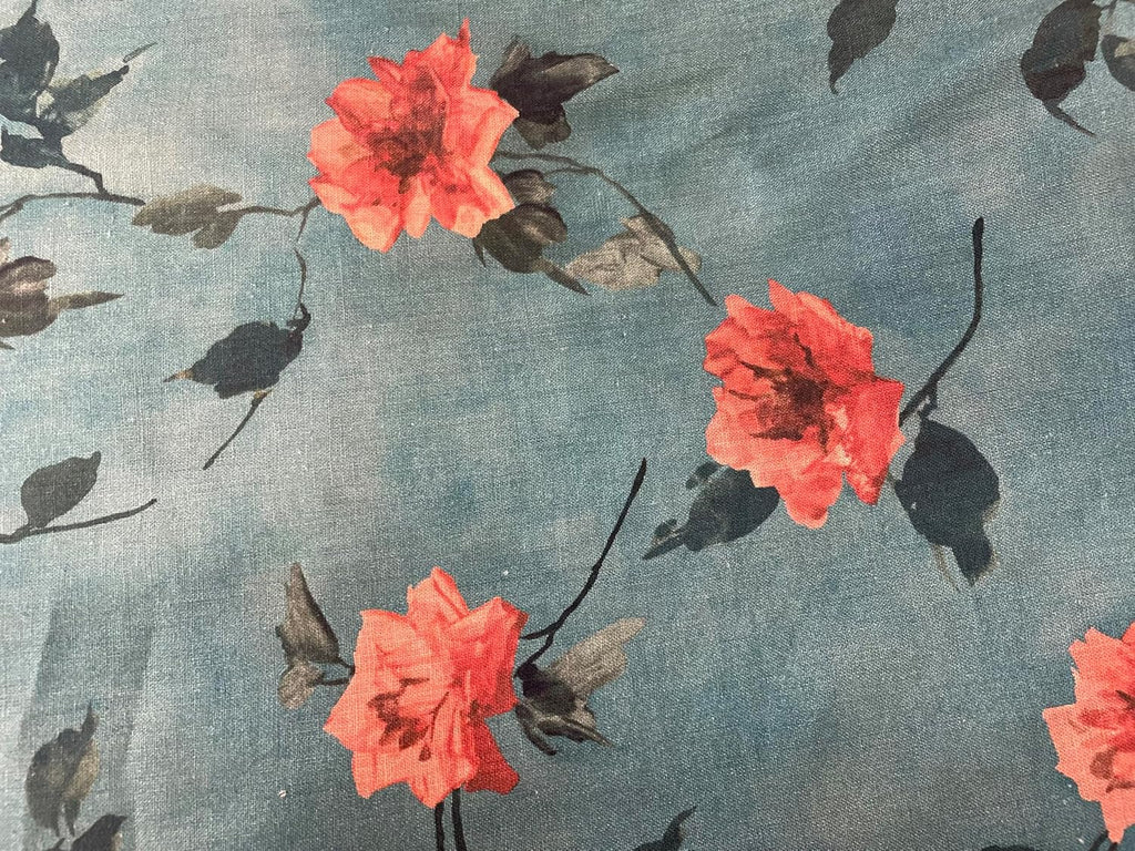 Floral Printed Linen - Teal & Pink - Fabric by The Yard