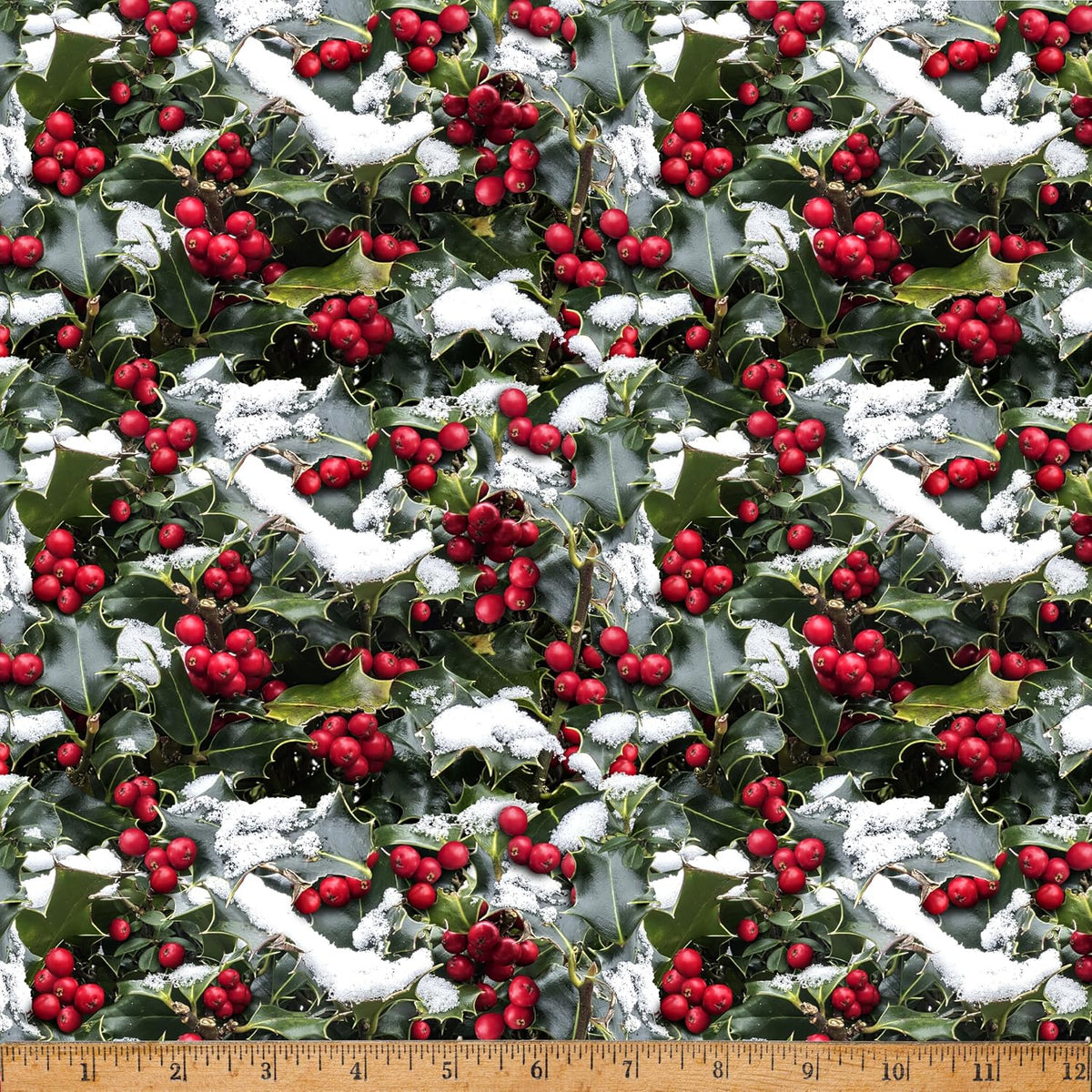 Cotton Frosted Holidays Christmas Red Berries on Snowy Holly Leaves