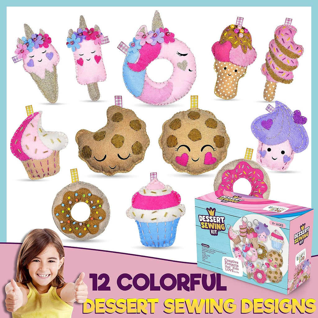 Dessert Sewing Kit for Kids Ages 8-12 - 12 Pre-Cut Felt Plush Treats