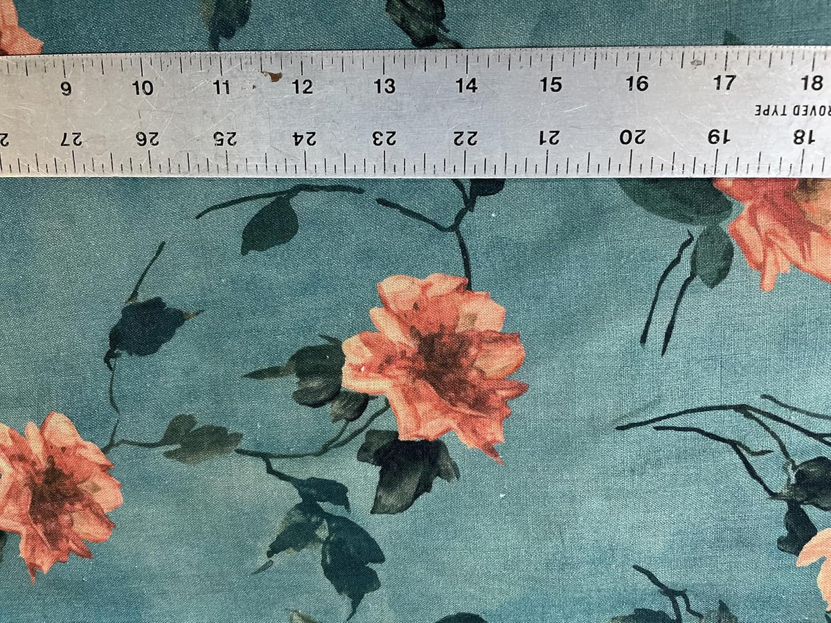 Floral Printed Linen - Teal & Pink - Fabric by The Yard